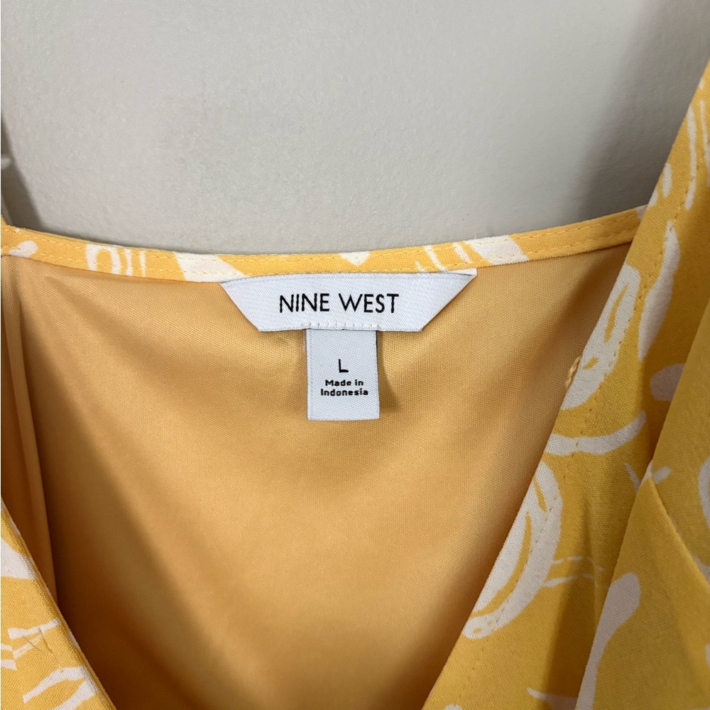 NWT Nine West Yellow White Tropical Palm Print Wrap Midi Dress Large Resort - Picture 7 of 7